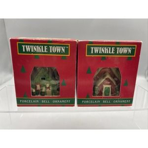 2 Vtg Twinkle Town Porcelain Bell Ornaments
